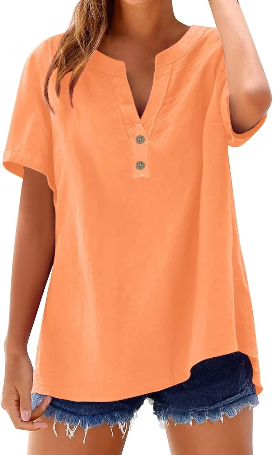 Womens Button Down Shirt Cotton Linen Blouse Stand Up Collarless Tops V-Neck Cotton Short Sleeved Blouse for Women 2025