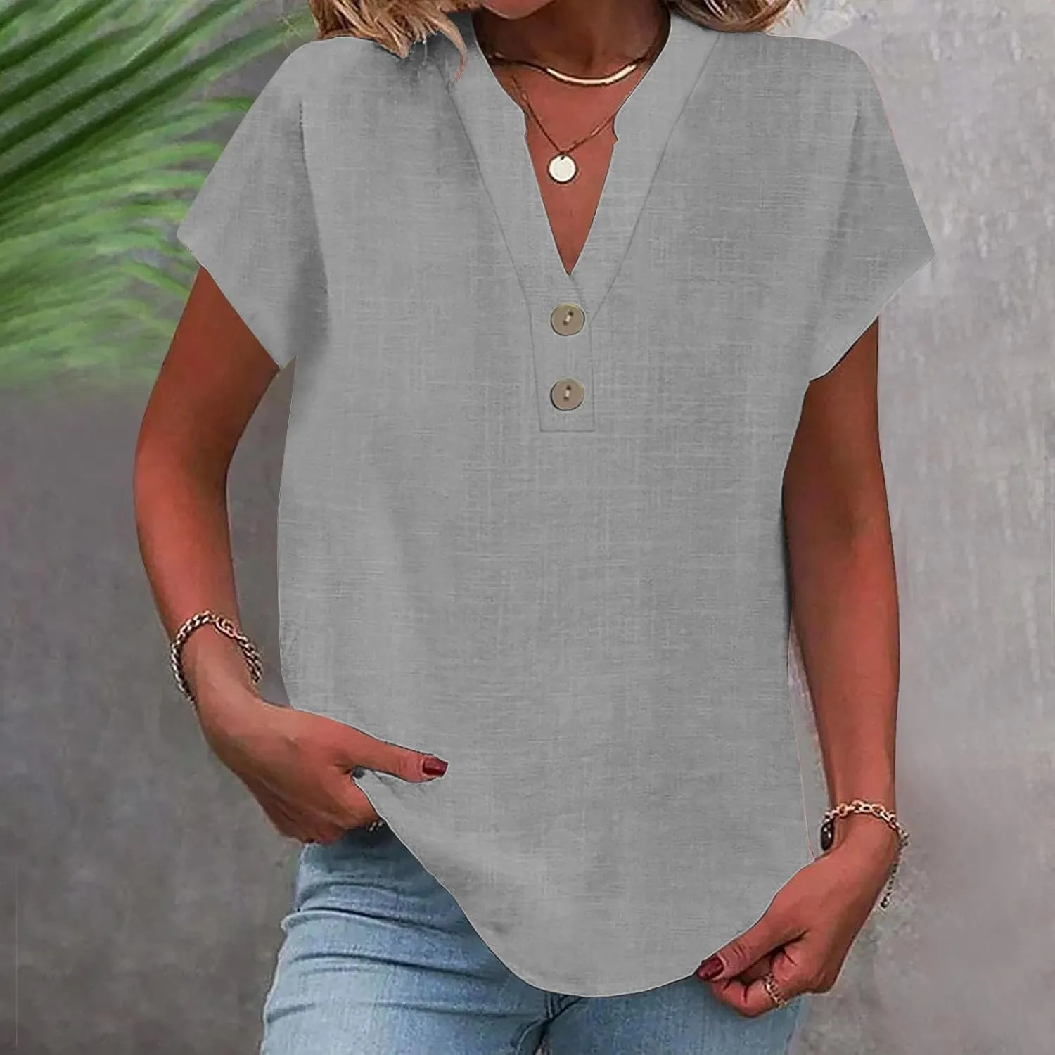 Womens Button Down Shirt Cotton Linen Blouse Stand Up Collarless Tops V-Neck Cotton Short Sleeved Blouse for Women 2025