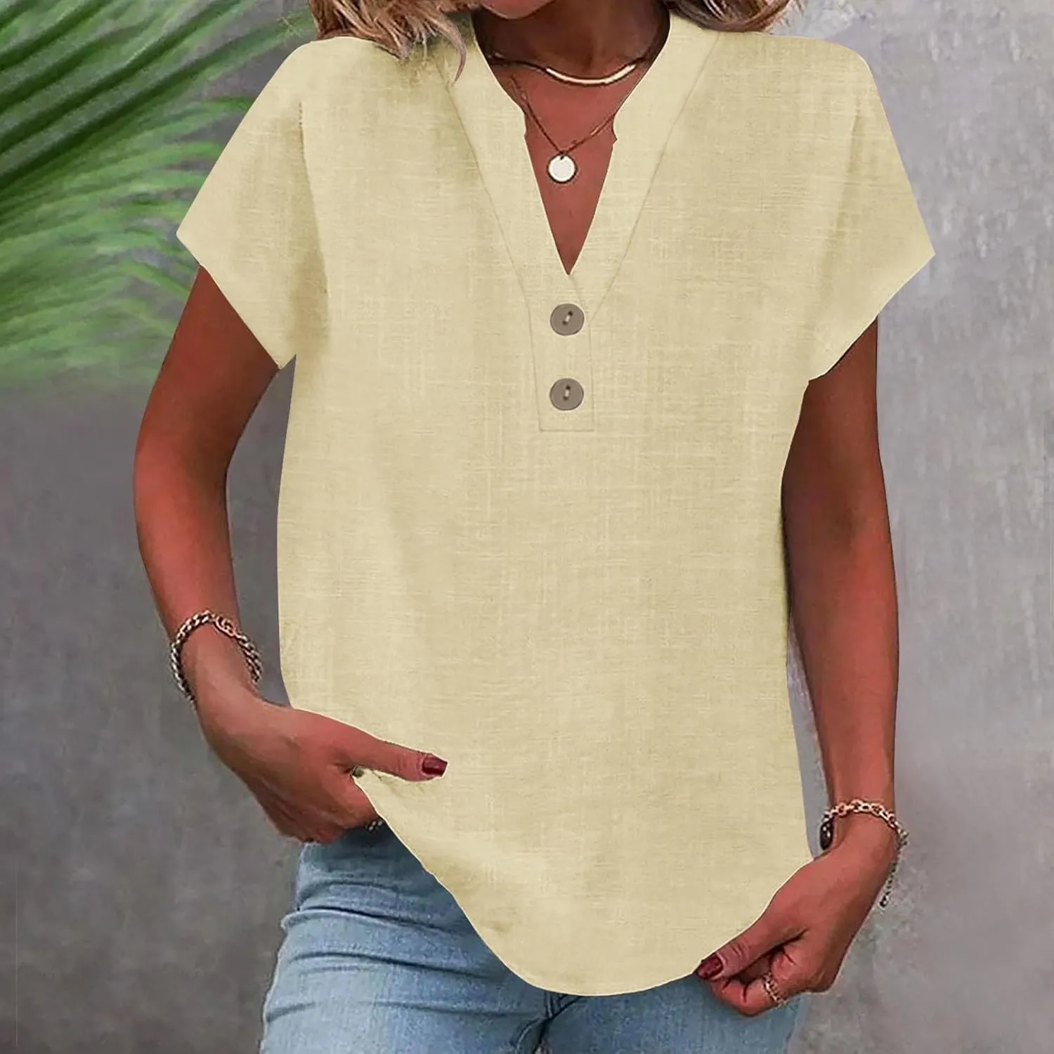 Womens Button Down Shirt Cotton Linen Blouse Stand Up Collarless Tops V-Neck Cotton Short Sleeved Blouse for Women 2025