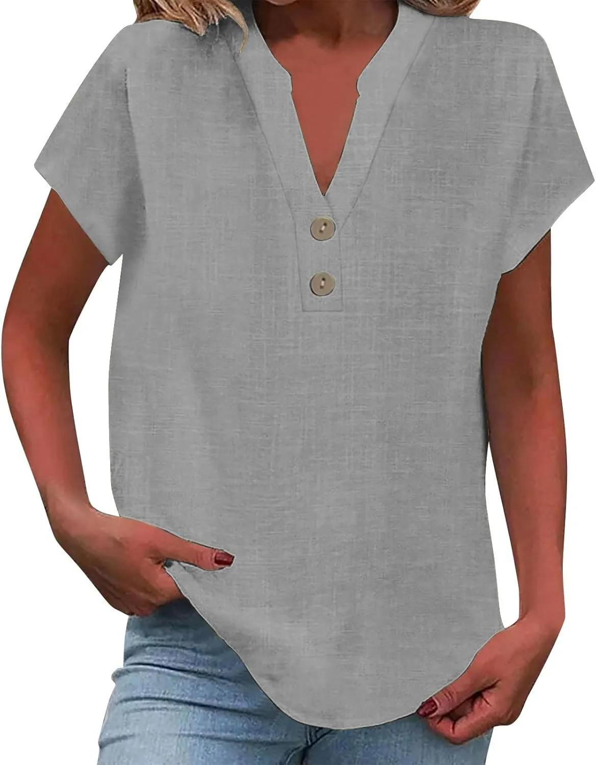 Womens Button Down Shirt Cotton Linen Blouse Stand Up Collarless Tops V-Neck Cotton Short Sleeved Blouse for Women 2025