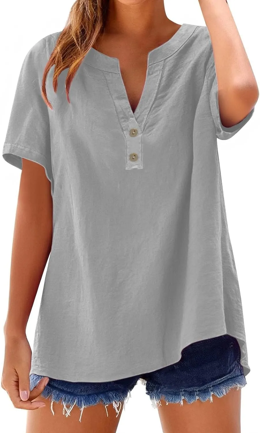 Womens Button Down Shirt Cotton Linen Blouse Stand Up Collarless Tops V-Neck Cotton Short Sleeved Blouse for Women 2025