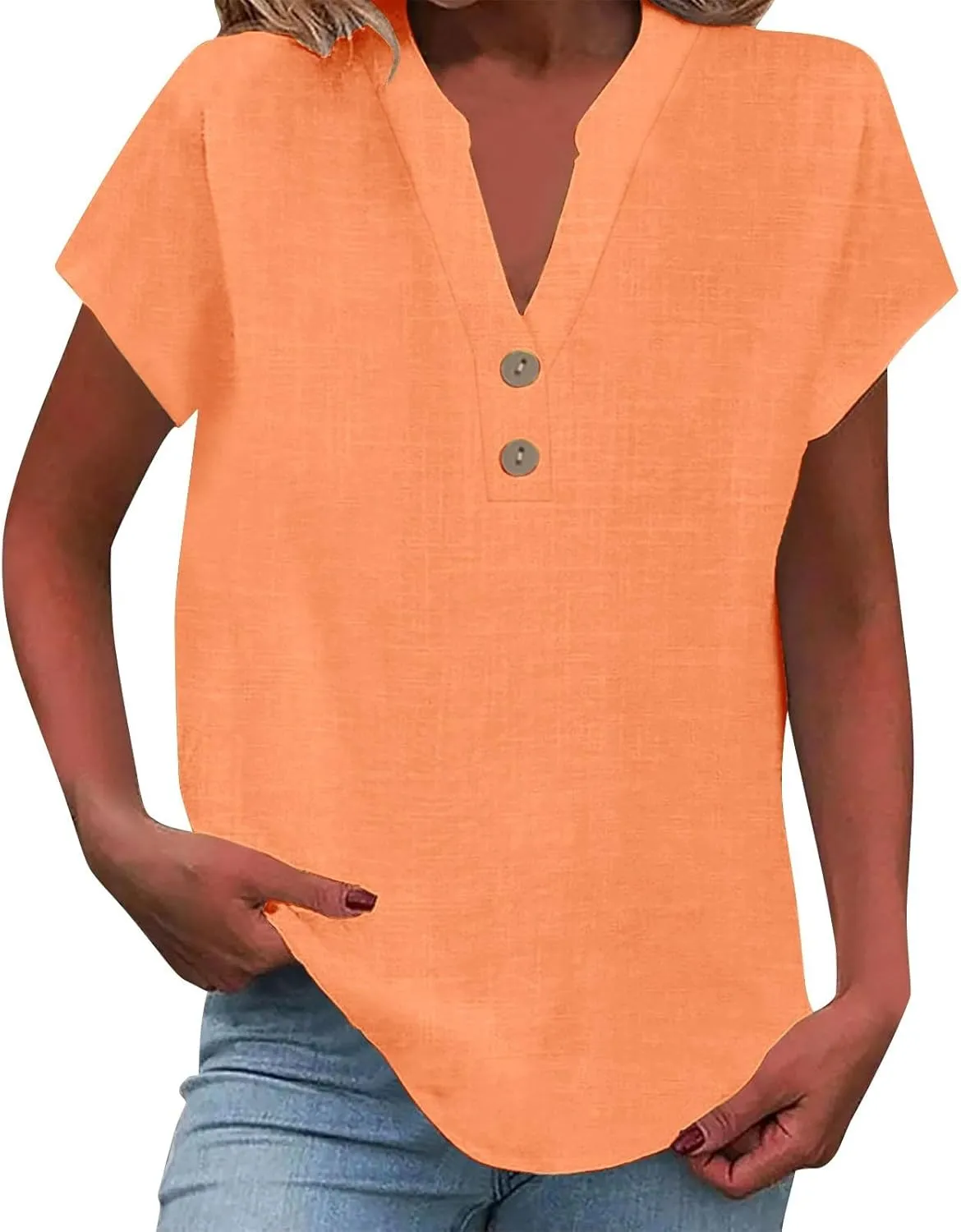 Womens Button Down Shirt Cotton Linen Blouse Stand Up Collarless Tops V-Neck Cotton Short Sleeved Blouse for Women 2025