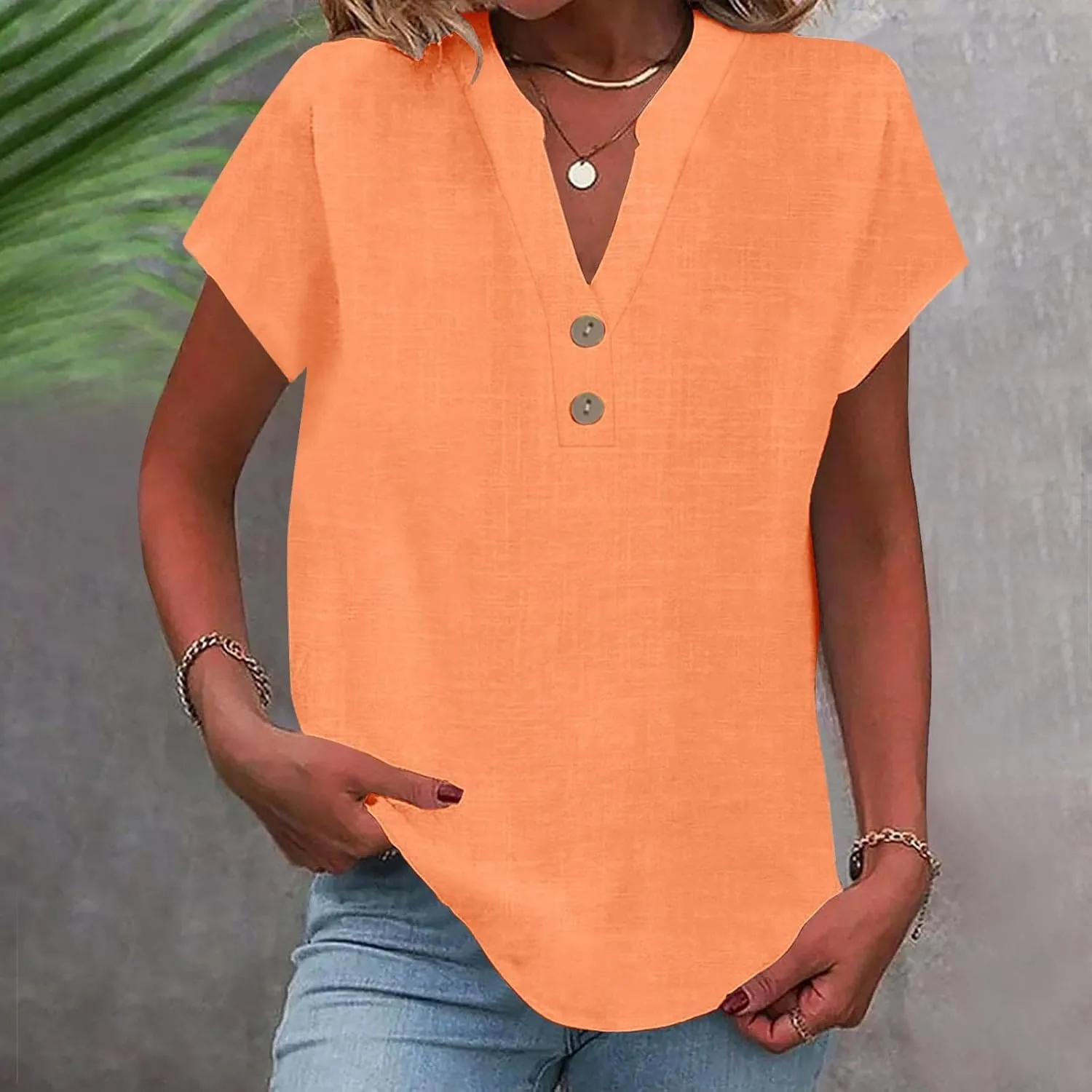 Womens Button Down Shirt Cotton Linen Blouse Stand Up Collarless Tops V-Neck Cotton Short Sleeved Blouse for Women 2025