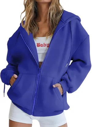 Women's Casual Fall Winter Coats Solid Zip Up Hoodie Fashion Zipper Hooded Blouse Long Sleeve Sweatshirt with Pockets