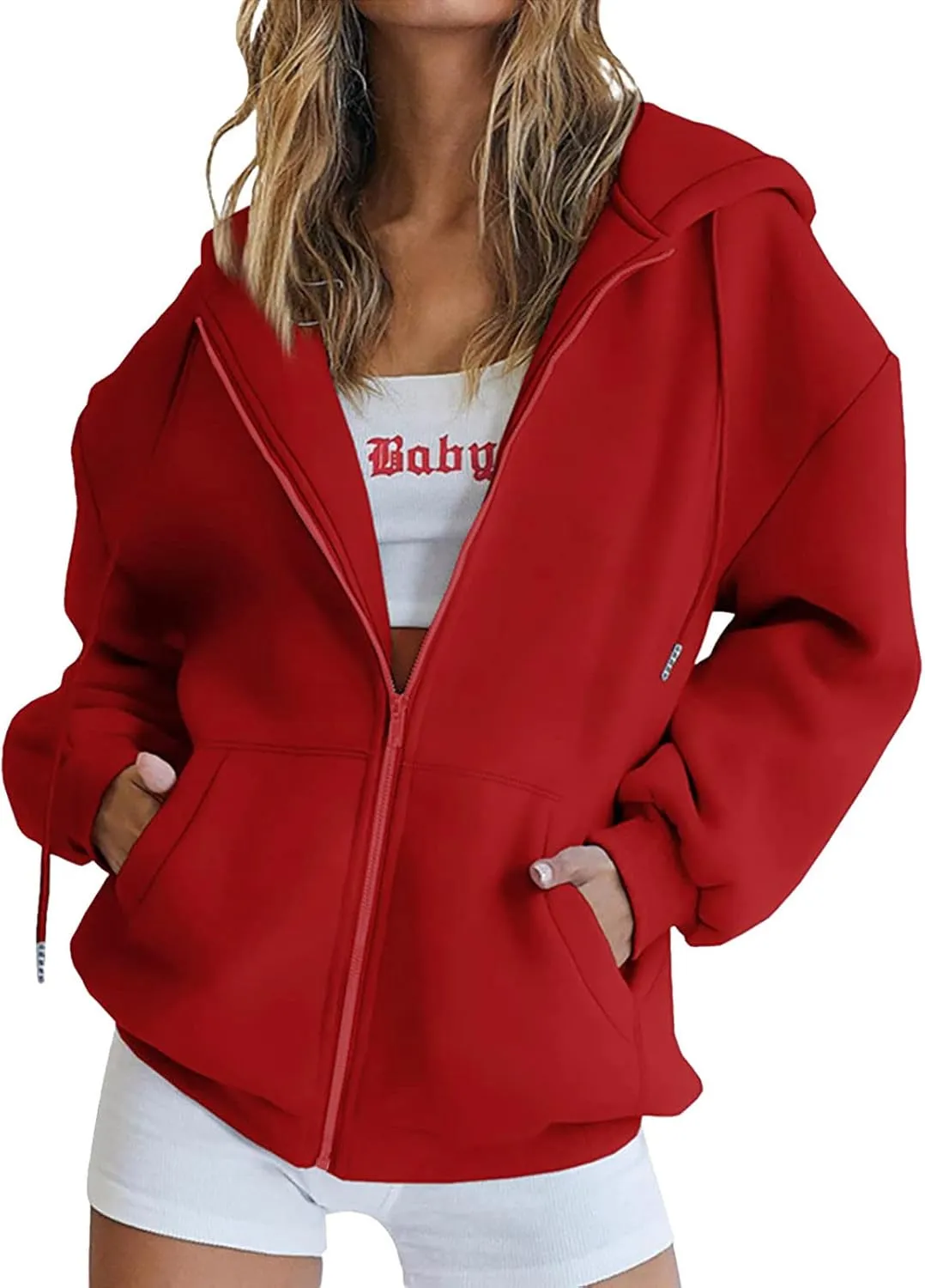 Women's Casual Fall Winter Coats Solid Zip Up Hoodie Fashion Zipper Hooded Blouse Long Sleeve Sweatshirt with Pockets