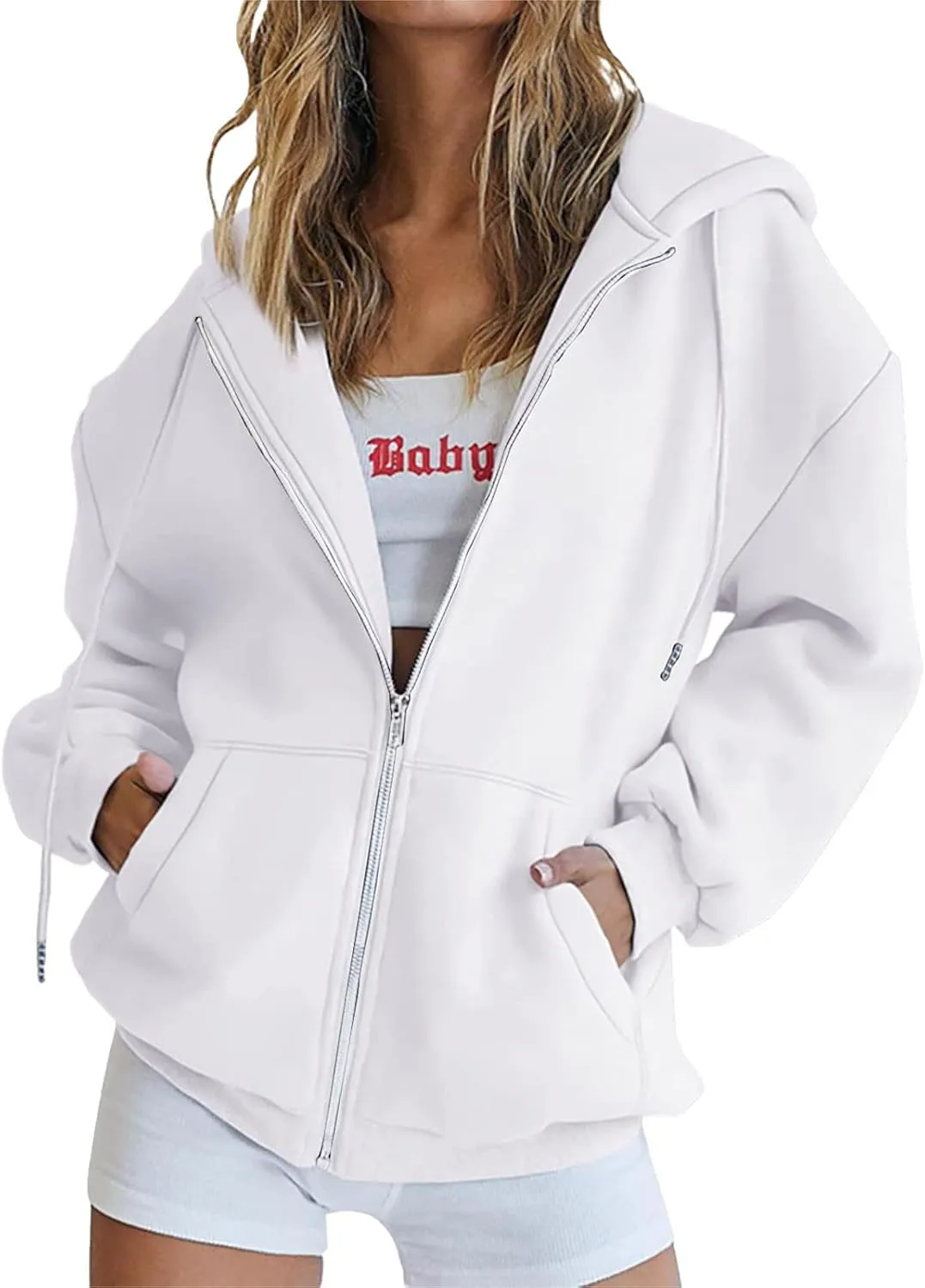 Women's Casual Fall Winter Coats Solid Zip Up Hoodie Fashion Zipper Hooded Blouse Long Sleeve Sweatshirt with Pockets
