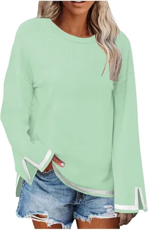 Women's Casual Long Sleeve Fall Sweaters Round Neck Solid Color Gradient Loose Split Top Pullover Loose Fit Jumper