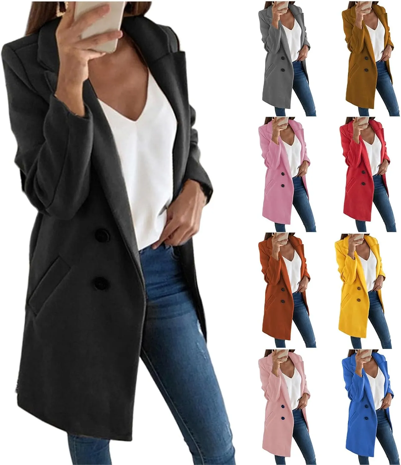 Womens Casual Wool Coat Notch Lapel Double Breasted Peacoat Winter Tartan Trench Coat with Pockets