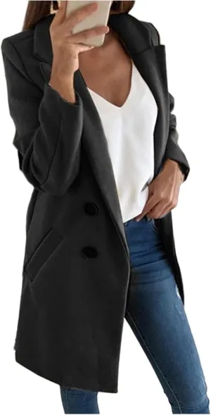 Womens Casual Wool Coat Notch Lapel Double Breasted Peacoat Winter Tartan Trench Coat with Pockets