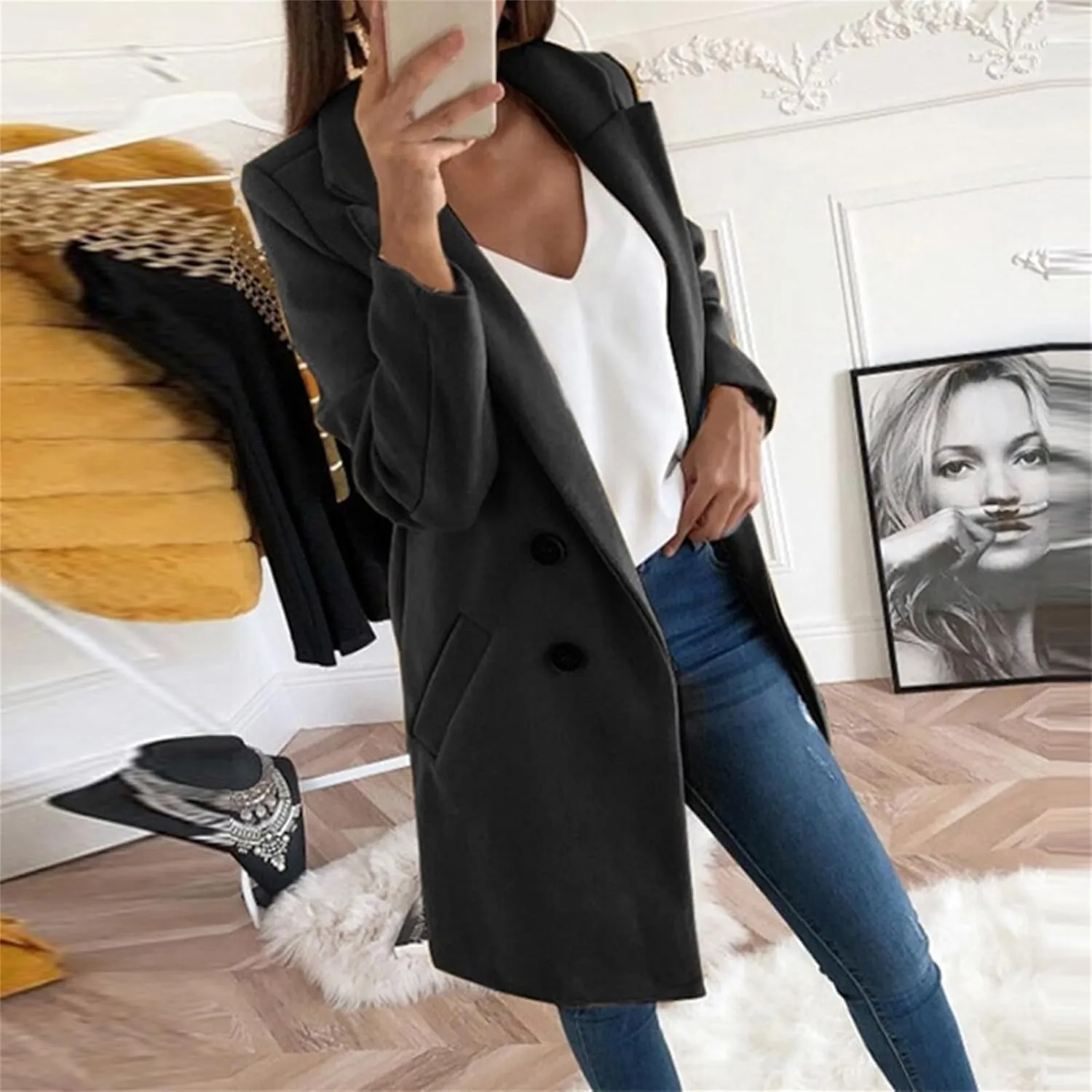 Womens Casual Wool Coat Notch Lapel Double Breasted Peacoat Winter Tartan Trench Coat with Pockets