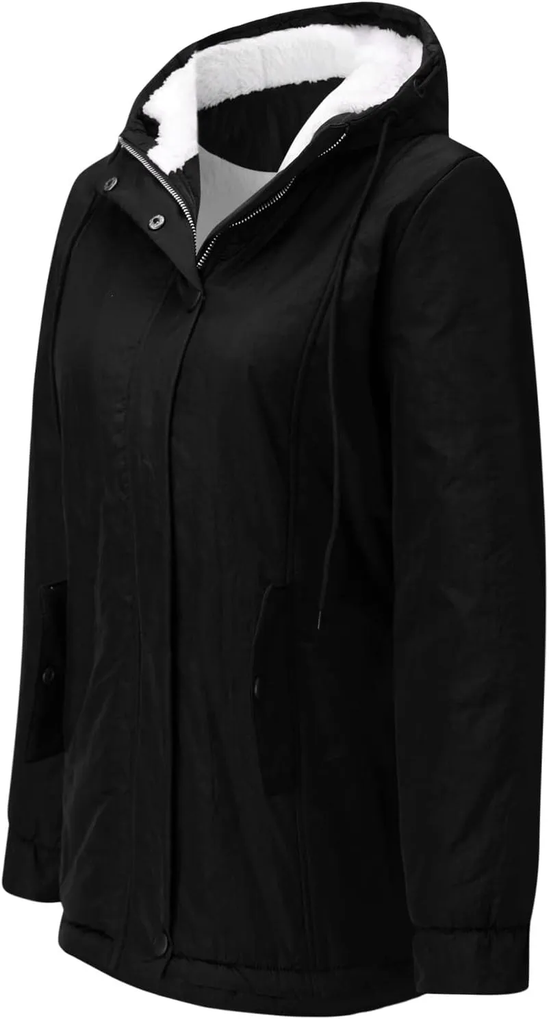 Womens Classic Solid Zipper Overcoat Long Sleeve with Hood Thick Outwear Warm Soft Slim Fleece Coat Outdoor Clothes