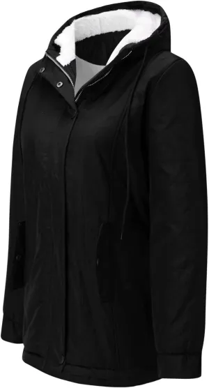 Womens Classic Solid Zipper Overcoat Long Sleeve with Hood Thick Outwear Warm Soft Slim Fleece Coat Outdoor Clothes
