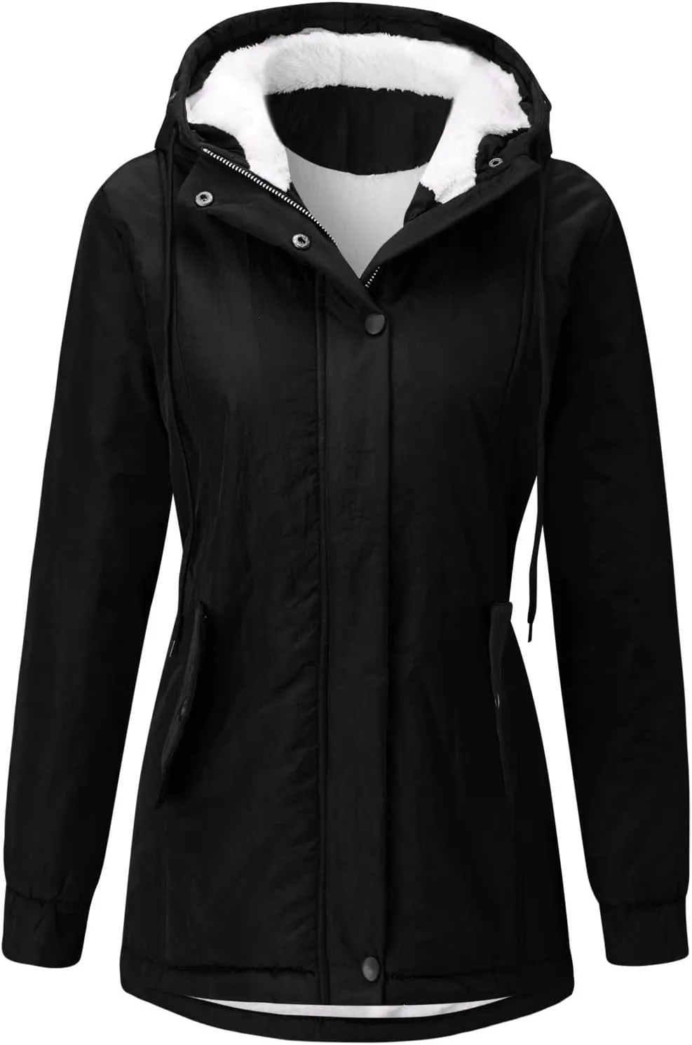 Womens Classic Solid Zipper Overcoat Long Sleeve with Hood Thick Outwear Warm Soft Slim Fleece Coat Outdoor Clothes