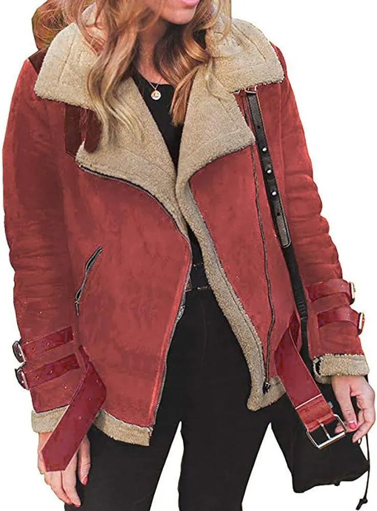 Womens Classic Zipper Fleece Coat Long Sleeve Lapel Outwear Comfort Warm Soft Overcoat with Pocket Home Outdoor Clothes