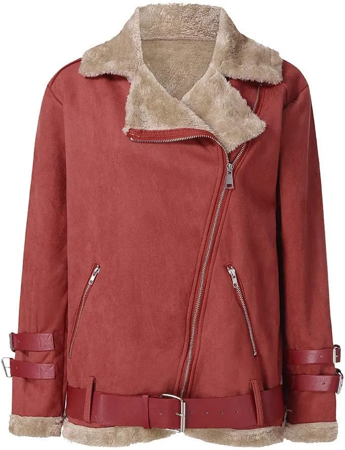 Womens Classic Zipper Fleece Coat Long Sleeve Lapel Outwear Comfort Warm Soft Overcoat with Pocket Home Outdoor Clothes