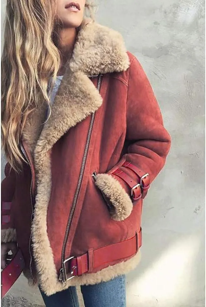 Womens Classic Zipper Fleece Coat Long Sleeve Lapel Outwear Comfort Warm Soft Overcoat with Pocket Home Outdoor Clothes