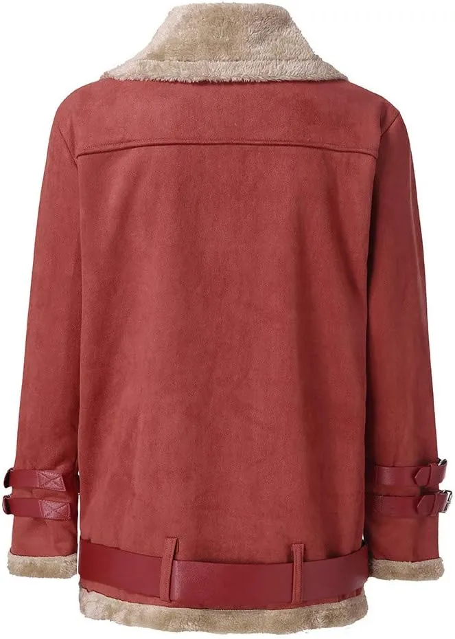 Womens Classic Zipper Fleece Coat Long Sleeve Lapel Outwear Comfort Warm Soft Overcoat with Pocket Home Outdoor Clothes