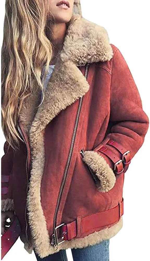 Womens Classic Zipper Fleece Coat Long Sleeve Lapel Outwear Comfort Warm Soft Overcoat with Pocket Home Outdoor Clothes