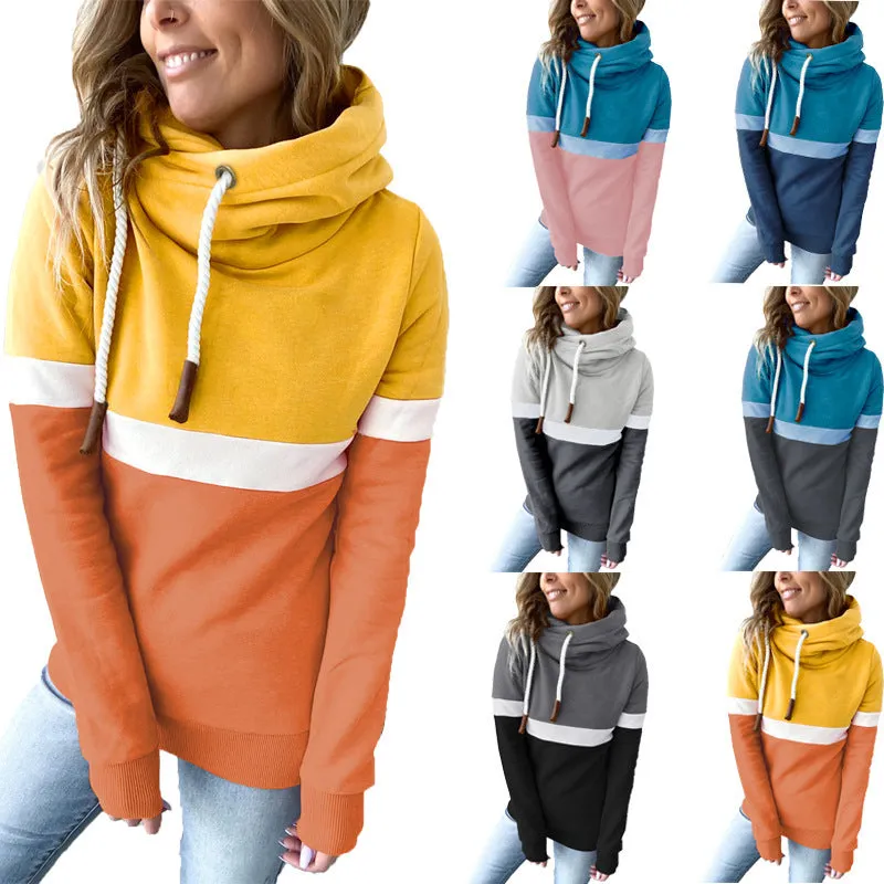 Womens Color Block Long Sleeve Hoodies Turtle Cowl neck Drawstring Chunky Sweatshirt Pullover Tops