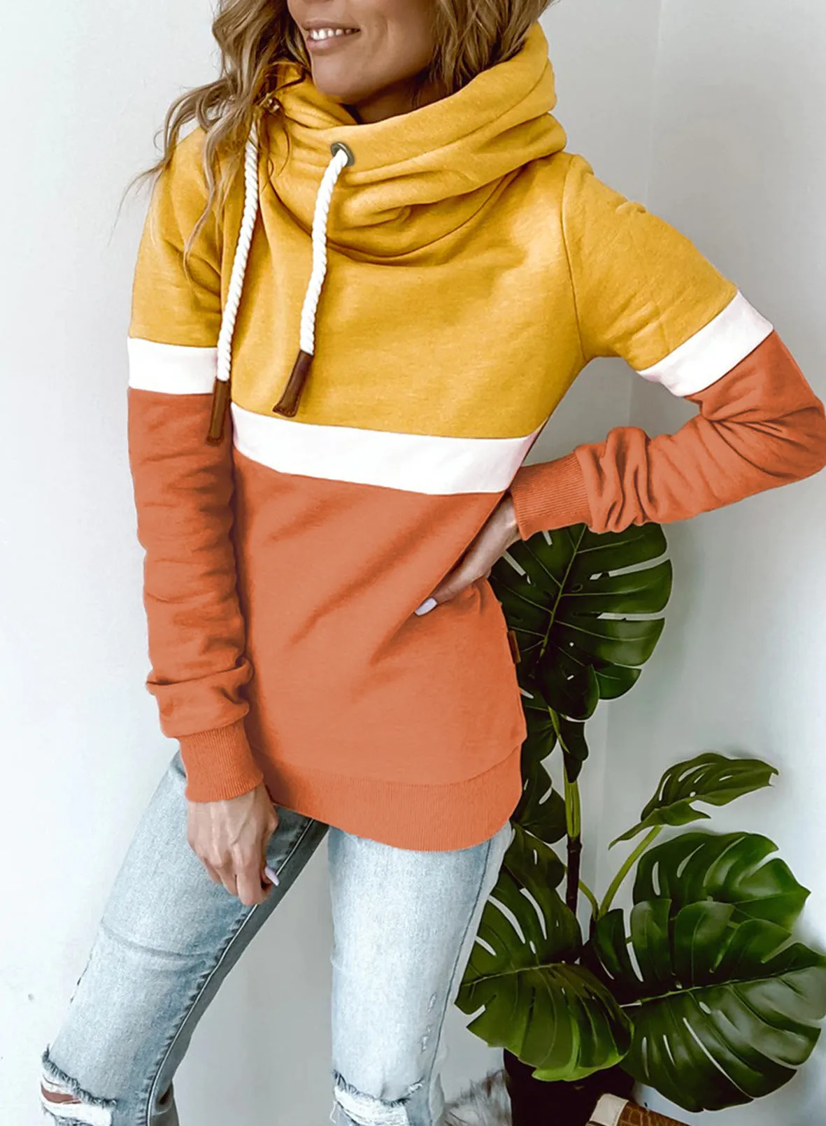 Womens Color Block Long Sleeve Hoodies Turtle Cowl neck Drawstring Chunky Sweatshirt Pullover Tops