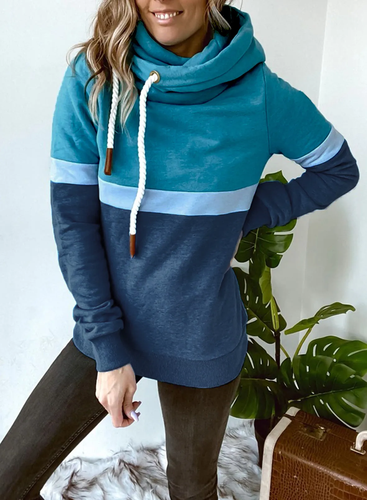 Womens Color Block Long Sleeve Hoodies Turtle Cowl neck Drawstring Chunky Sweatshirt Pullover Tops