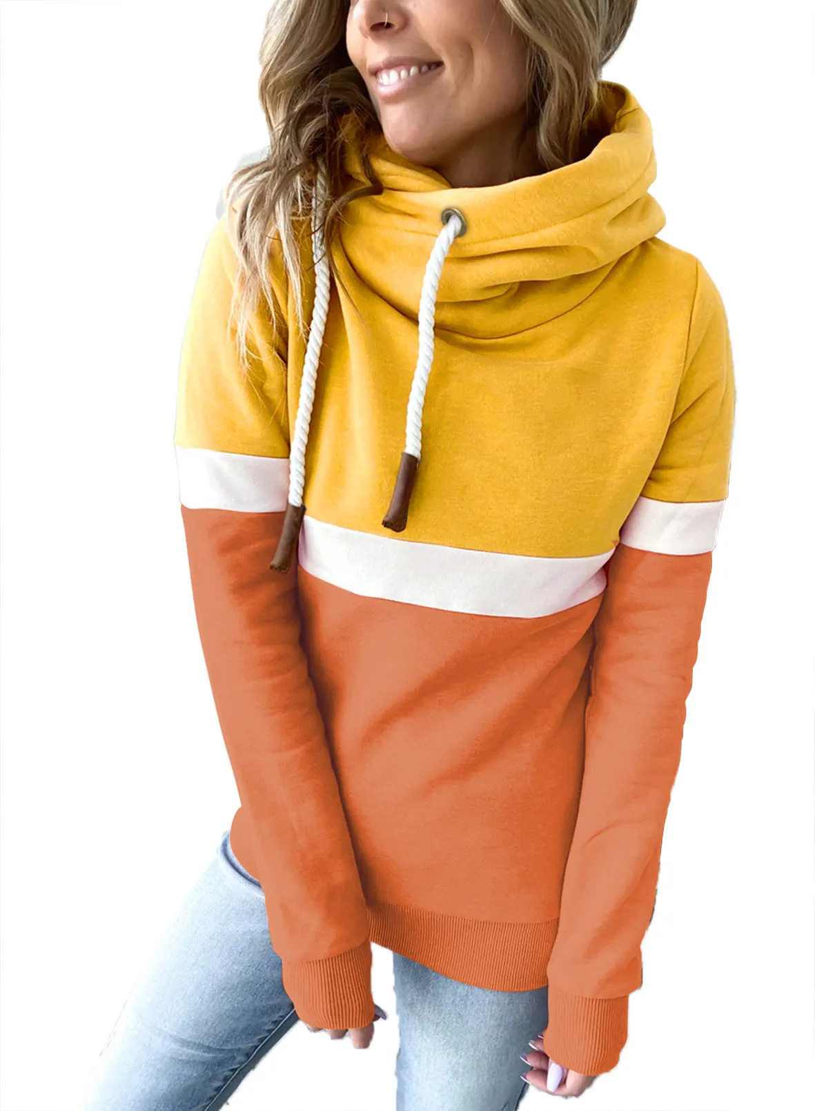 Womens Color Block Long Sleeve Hoodies Turtle Cowl neck Drawstring Chunky Sweatshirt Pullover Tops