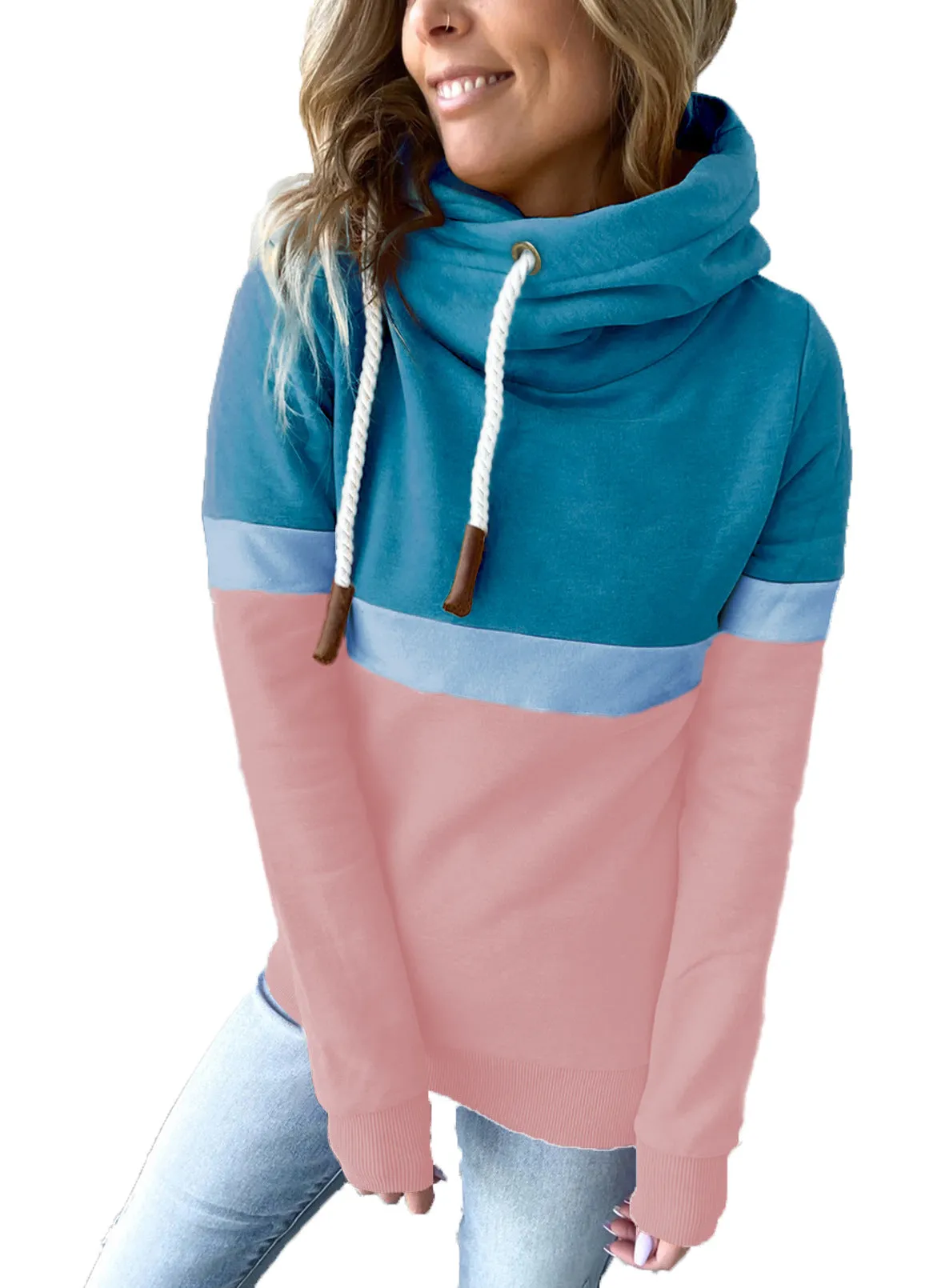 Womens Color Block Long Sleeve Hoodies Turtle Cowl neck Drawstring Chunky Sweatshirt Pullover Tops