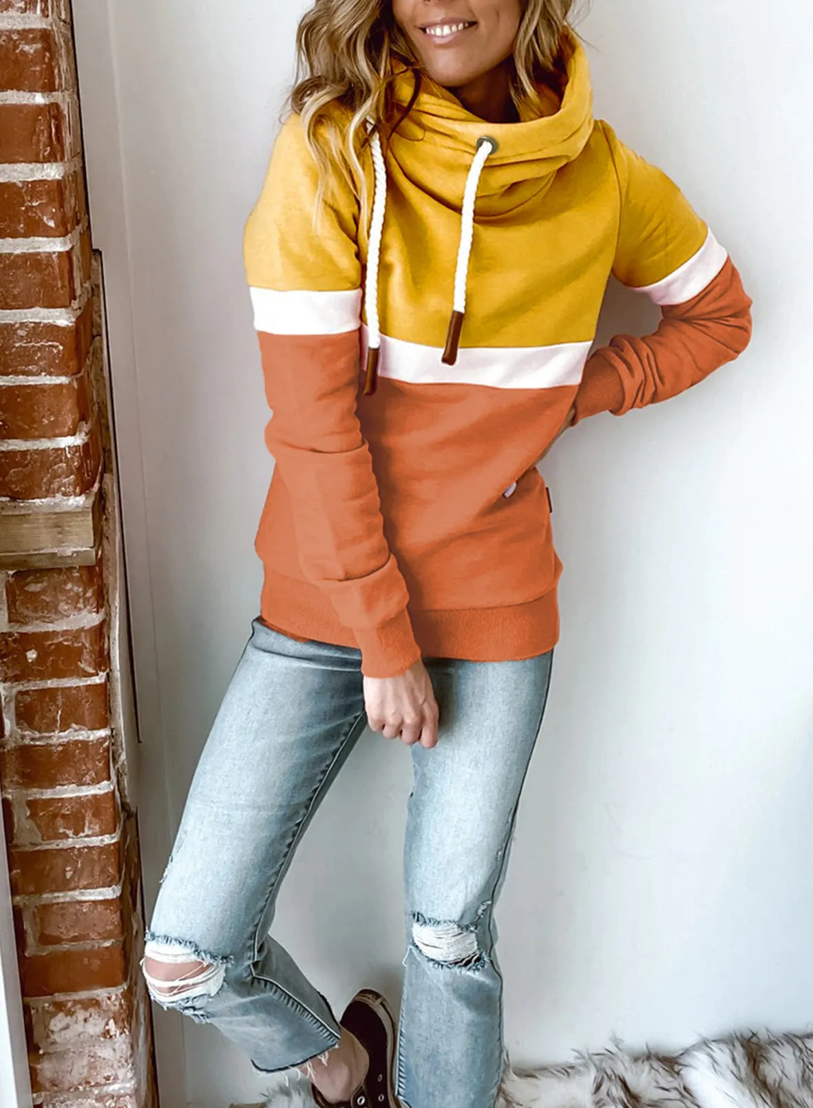 Womens Color Block Long Sleeve Hoodies Turtle Cowl neck Drawstring Chunky Sweatshirt Pullover Tops