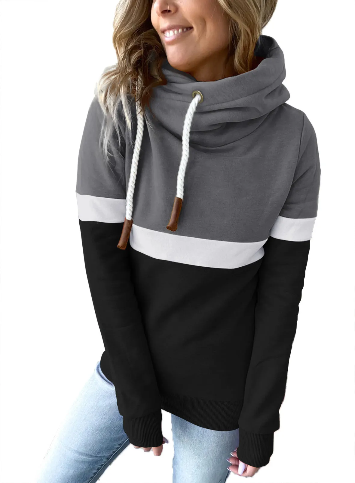 Womens Color Block Long Sleeve Hoodies Turtle Cowl neck Drawstring Chunky Sweatshirt Pullover Tops
