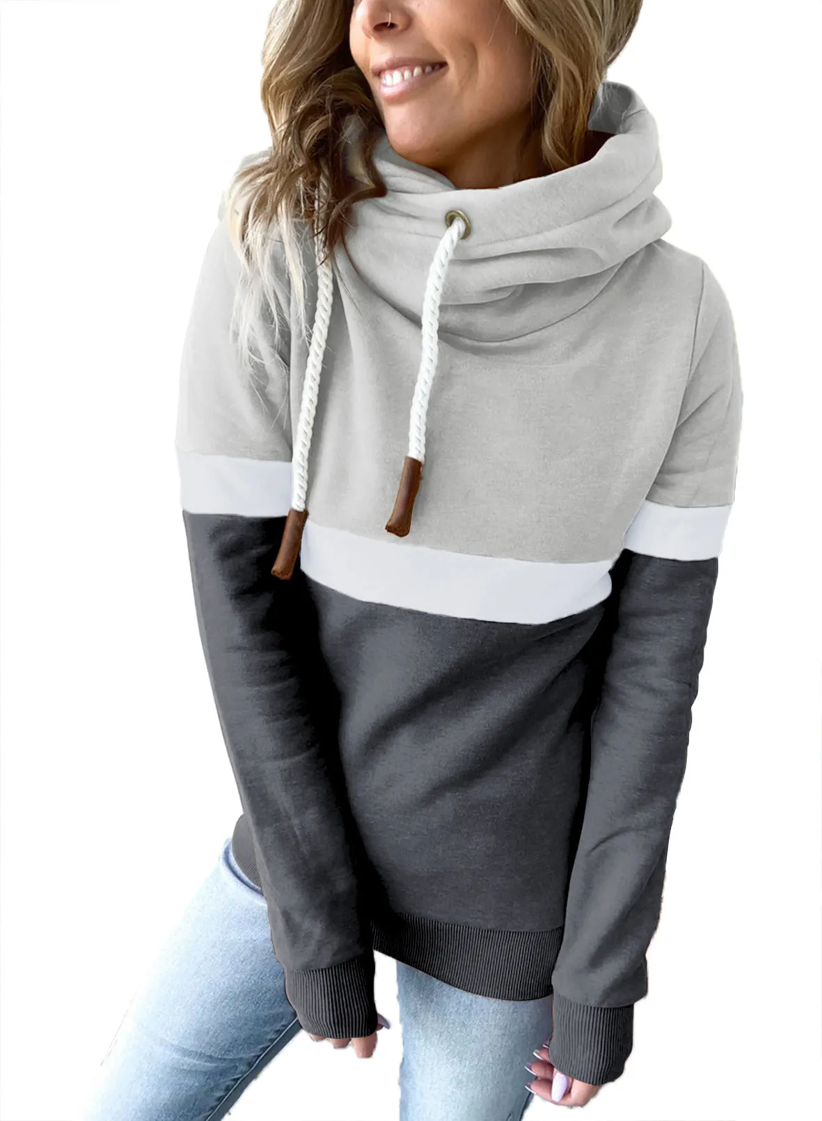 Womens Color Block Long Sleeve Hoodies Turtle Cowl neck Drawstring Chunky Sweatshirt Pullover Tops