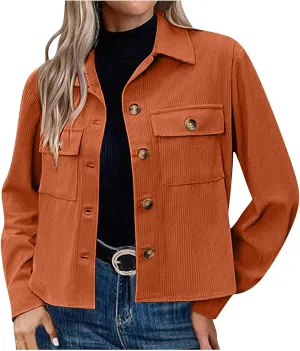 Womens Corduroy Cropped Shackets Button Down Crop Jackets Tops Long Sleeve Shirts Trendy 2025 Fall Winter