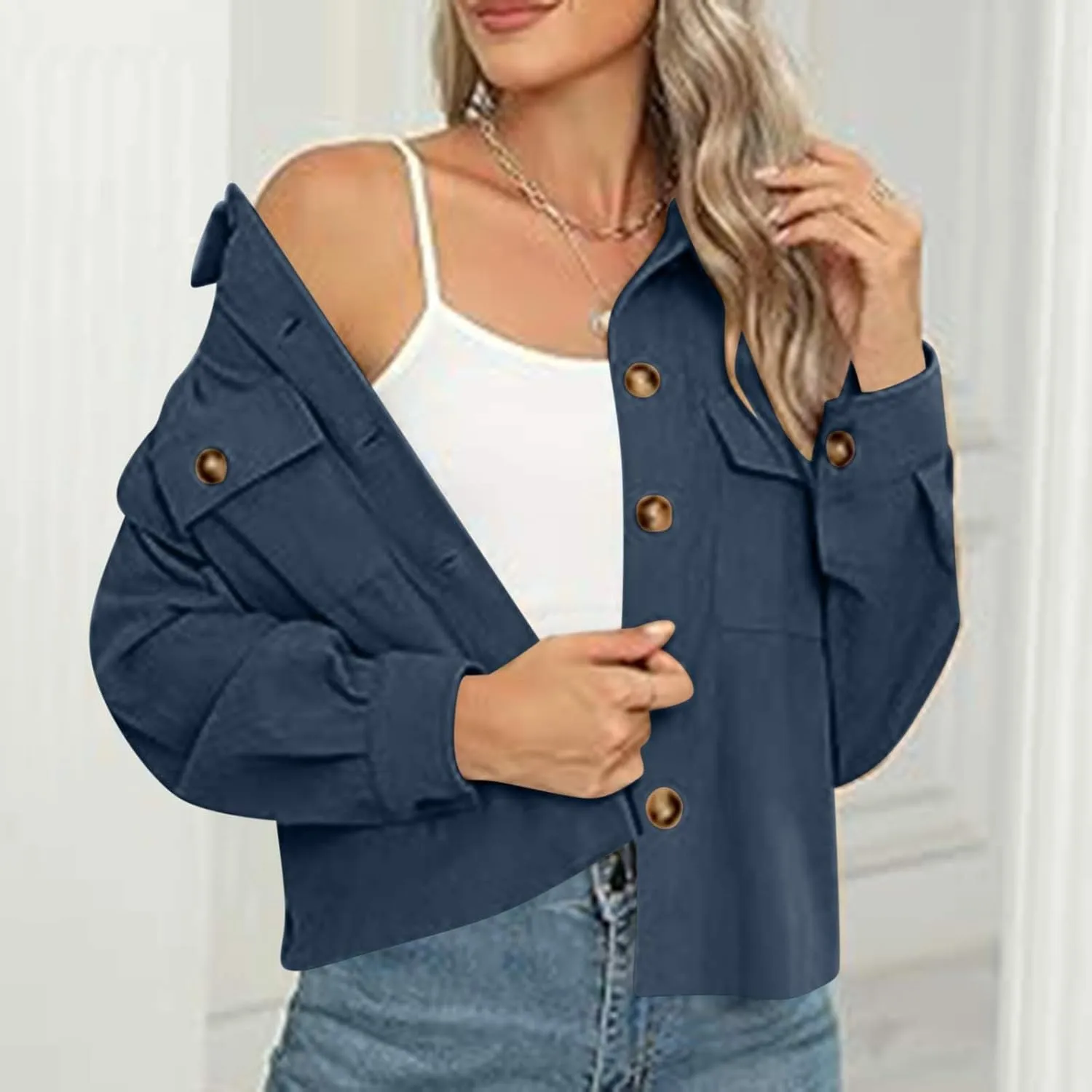 Womens Corduroy Cropped Shackets Button Down Crop Jackets Tops Long Sleeve Shirts Trendy 2025 Fall Winter