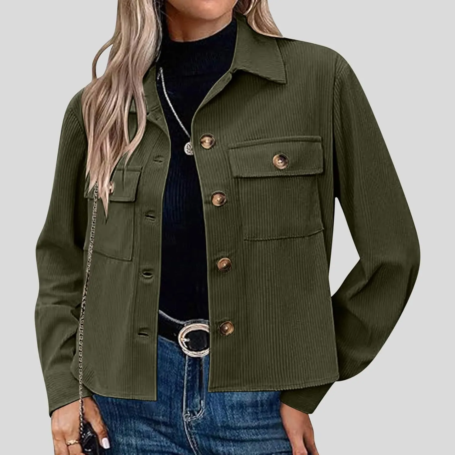 Womens Corduroy Cropped Shackets Button Down Crop Jackets Tops Long Sleeve Shirts Trendy 2025 Fall Winter