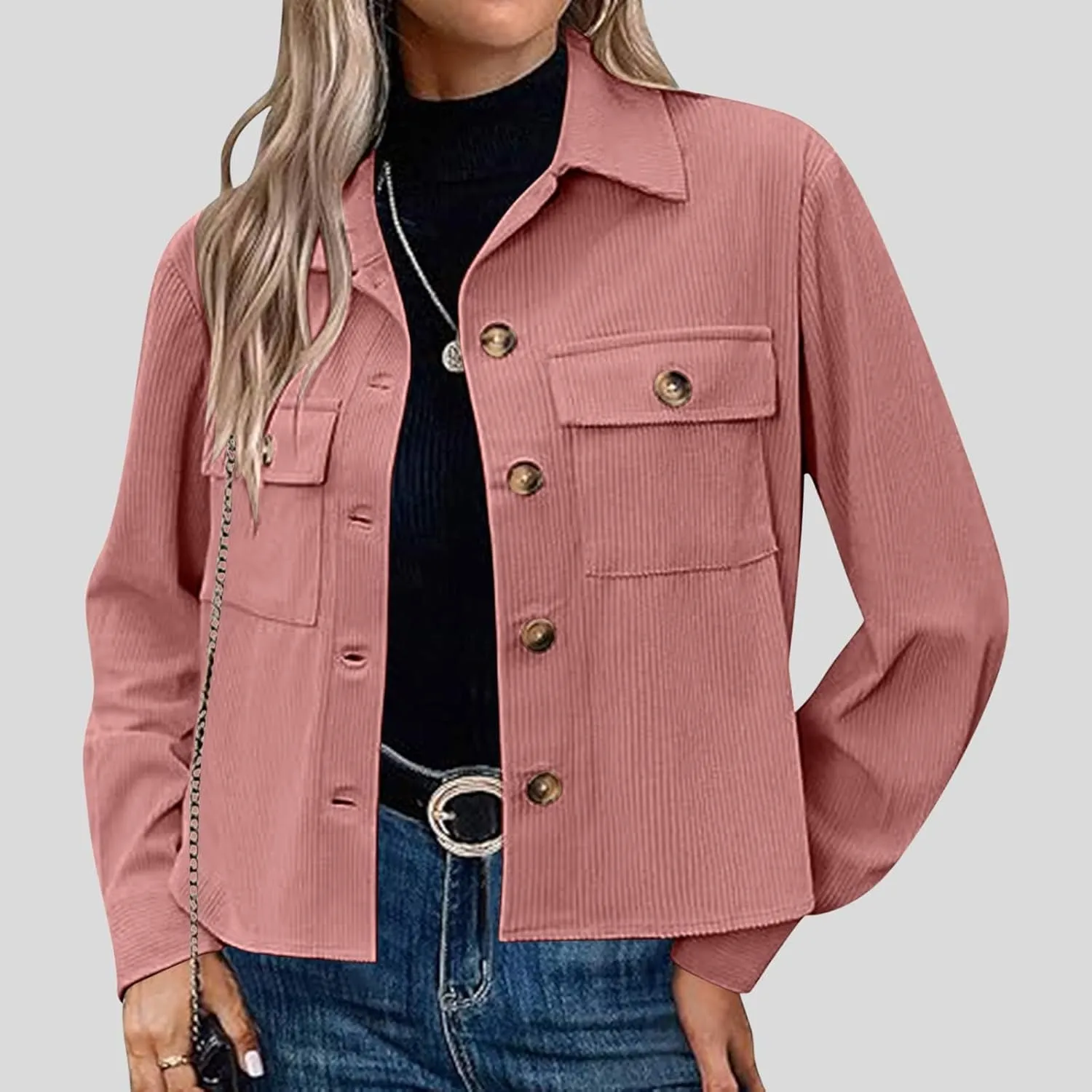 Womens Corduroy Cropped Shackets Button Down Crop Jackets Tops Long Sleeve Shirts Trendy 2025 Fall Winter