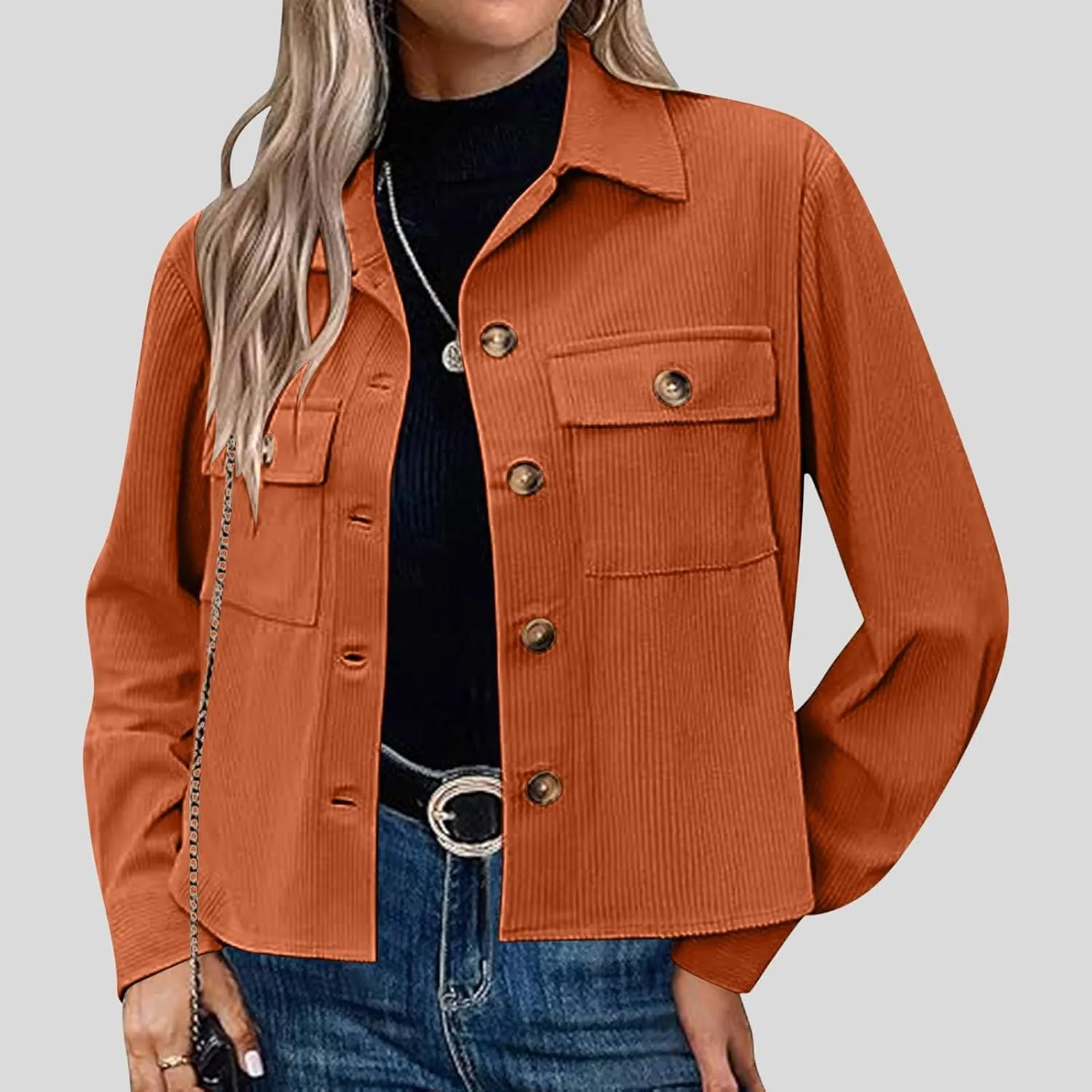 Womens Corduroy Cropped Shackets Button Down Crop Jackets Tops Long Sleeve Shirts Trendy 2025 Fall Winter