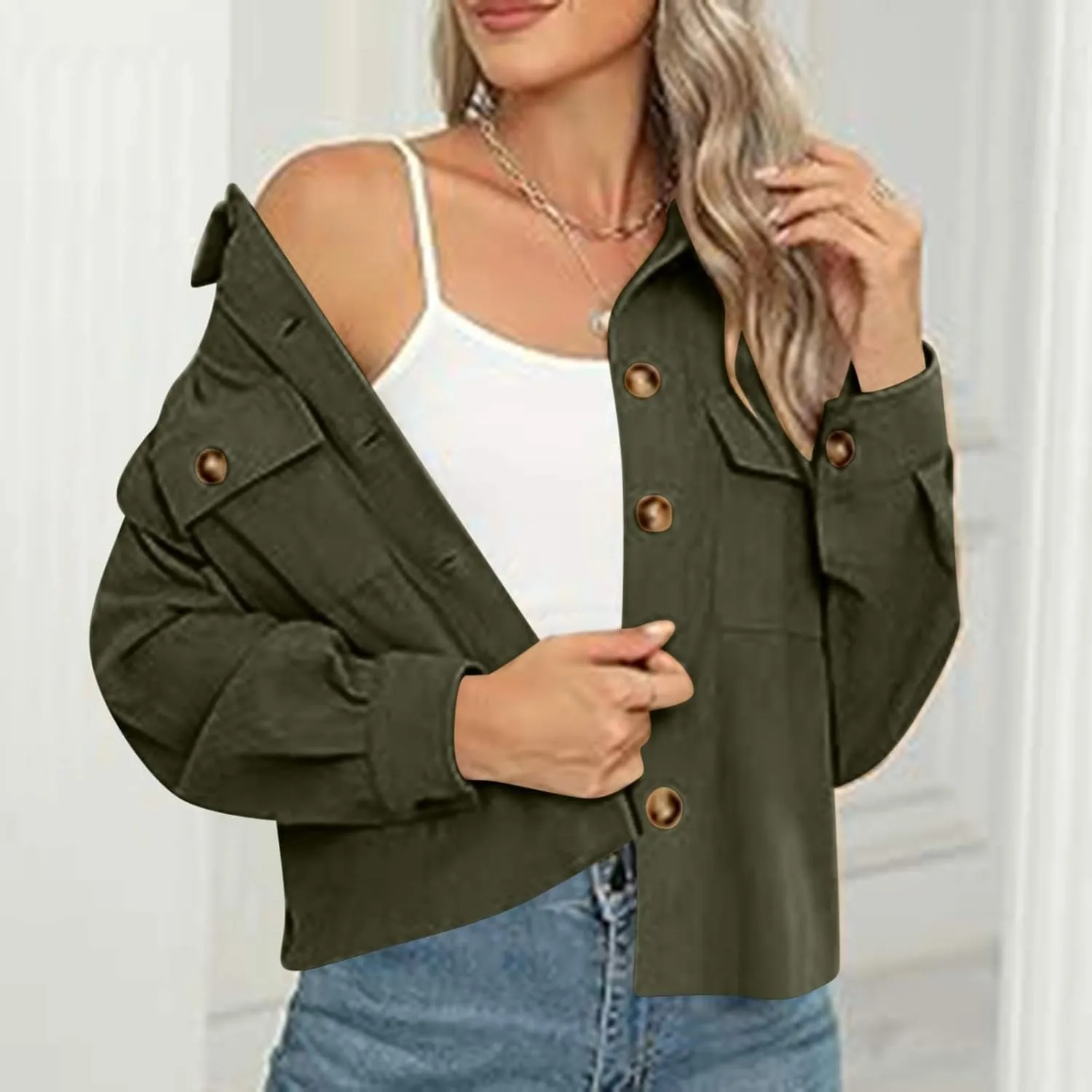 Womens Corduroy Cropped Shackets Button Down Crop Jackets Tops Long Sleeve Shirts Trendy 2025 Fall Winter