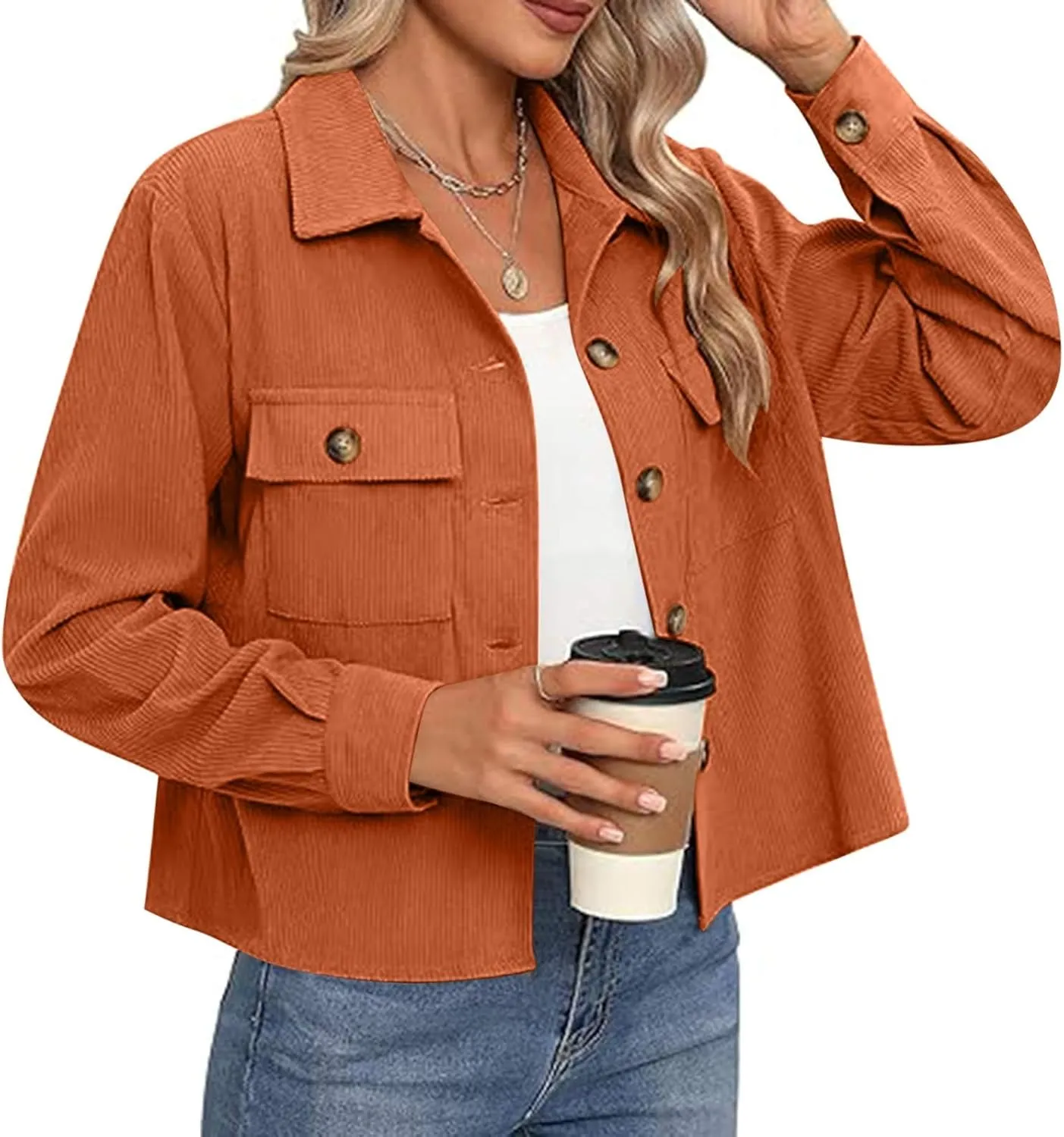 Womens Corduroy Cropped Shackets Button Down Crop Jackets Tops Long Sleeve Shirts Trendy 2025 Fall Winter