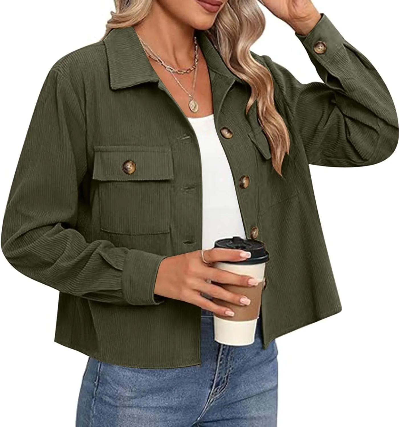 Womens Corduroy Cropped Shackets Button Down Crop Jackets Tops Long Sleeve Shirts Trendy 2025 Fall Winter