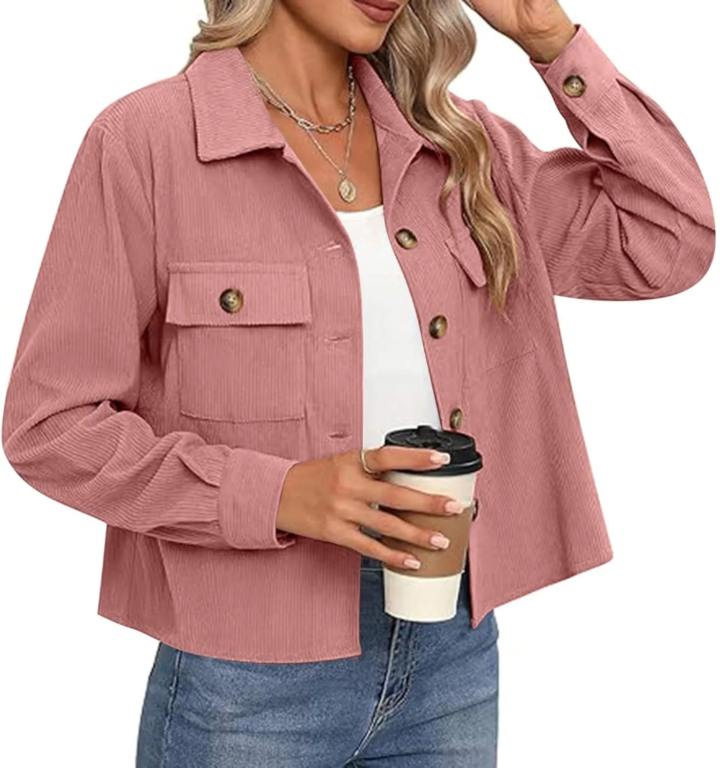 Womens Corduroy Cropped Shackets Button Down Crop Jackets Tops Long Sleeve Shirts Trendy 2025 Fall Winter