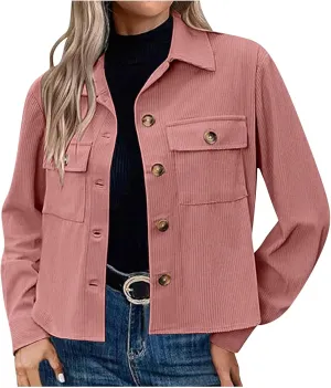 Womens Corduroy Cropped Shackets Button Down Crop Jackets Tops Long Sleeve Shirts Trendy 2025 Fall Winter