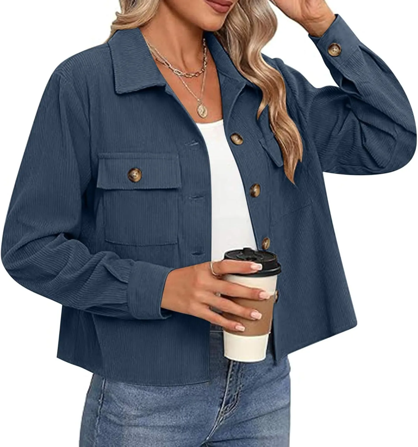 Womens Corduroy Cropped Shackets Button Down Crop Jackets Tops Long Sleeve Shirts Trendy 2025 Fall Winter