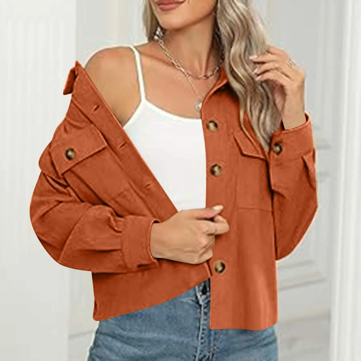 Womens Corduroy Cropped Shackets Button Down Crop Jackets Tops Long Sleeve Shirts Trendy 2025 Fall Winter