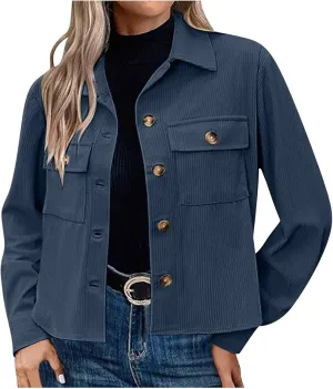 Womens Corduroy Cropped Shackets Button Down Crop Jackets Tops Long Sleeve Shirts Trendy 2025 Fall Winter