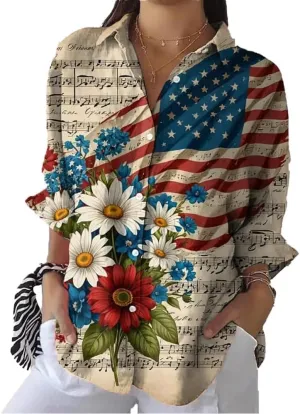 Women's Cotton and Linen Independence Day American Flag Floral Print Shirt