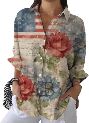 Women's Cotton and Linen Independence Day American Flag Floral Print Shirt