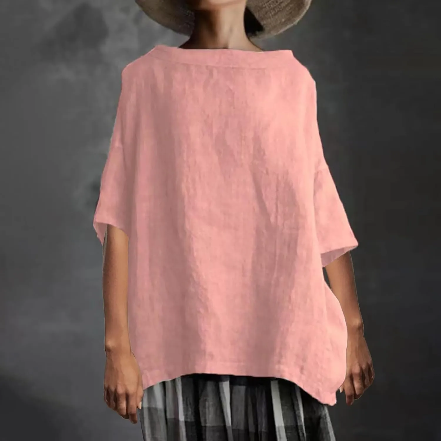 Women's Cotton and Linen Shirts Half Sleeve Cotton Blouses Casual Loose Round Collar Solid Boxy Tunics Top