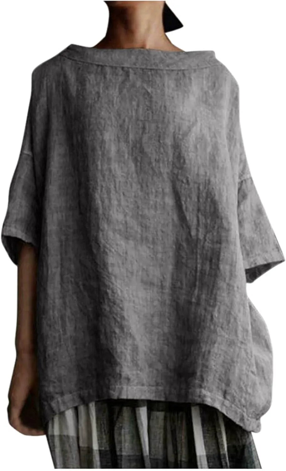 Women's Cotton and Linen Shirts Half Sleeve Cotton Blouses Casual Loose Round Collar Solid Boxy Tunics Top