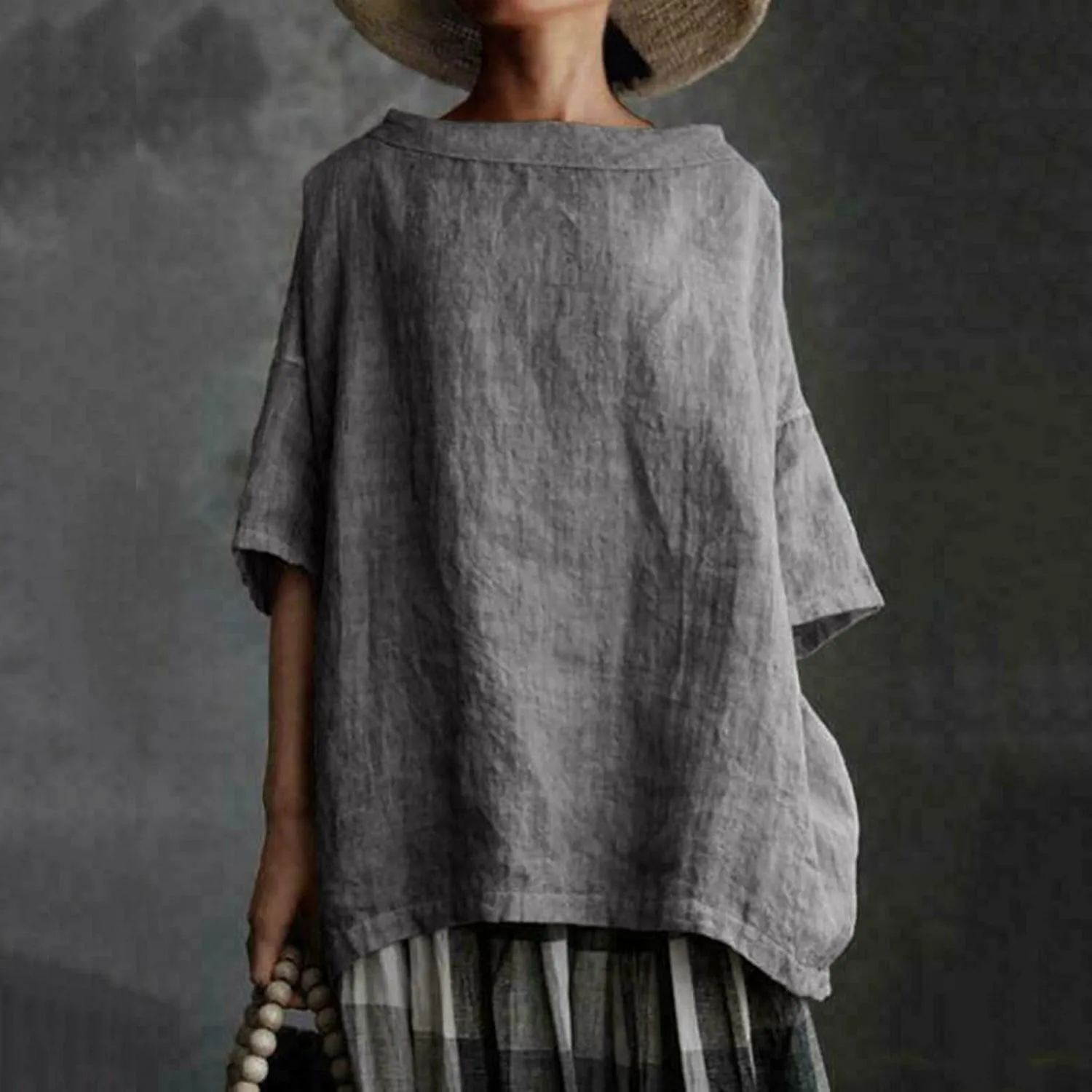 Women's Cotton and Linen Shirts Half Sleeve Cotton Blouses Casual Loose Round Collar Solid Boxy Tunics Top