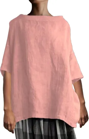 Women's Cotton and Linen Shirts Half Sleeve Cotton Blouses Casual Loose Round Collar Solid Boxy Tunics Top