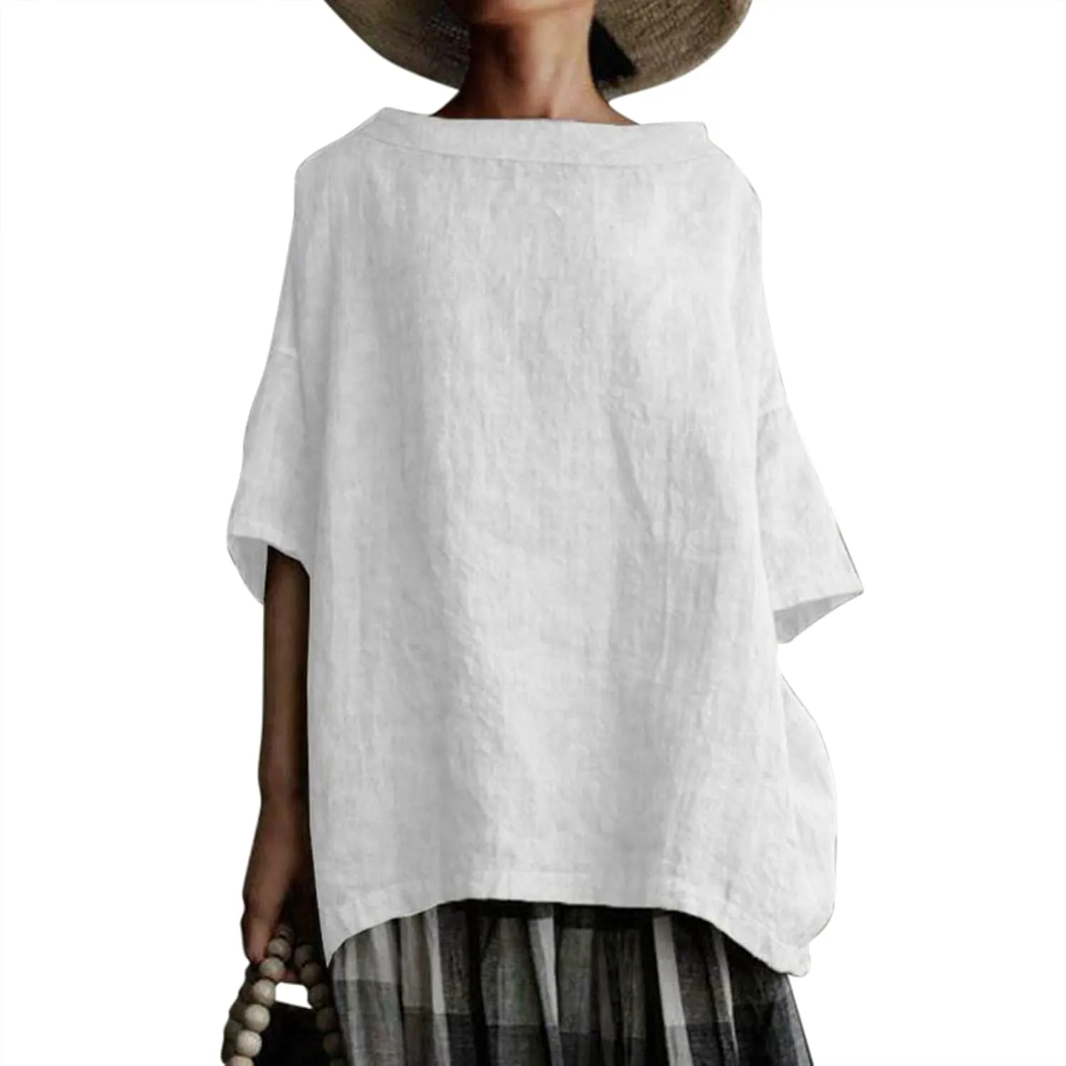 Women's Cotton and Linen Shirts Half Sleeve Cotton Blouses Casual Loose Round Collar Solid Boxy Tunics Top